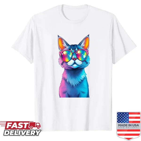 Cartoon disco cat wearing neon sunglasses on a fun t-shirt