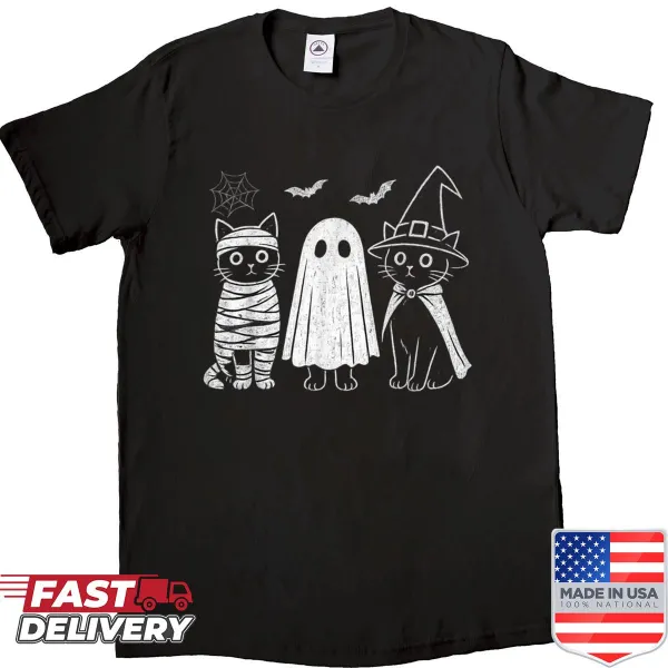 Vintage distressed Halloween shirt with cats and spooky characters