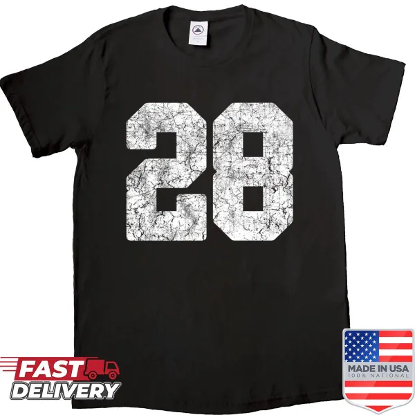 Distressed white shirt featuring the number 28 in a jersey style
