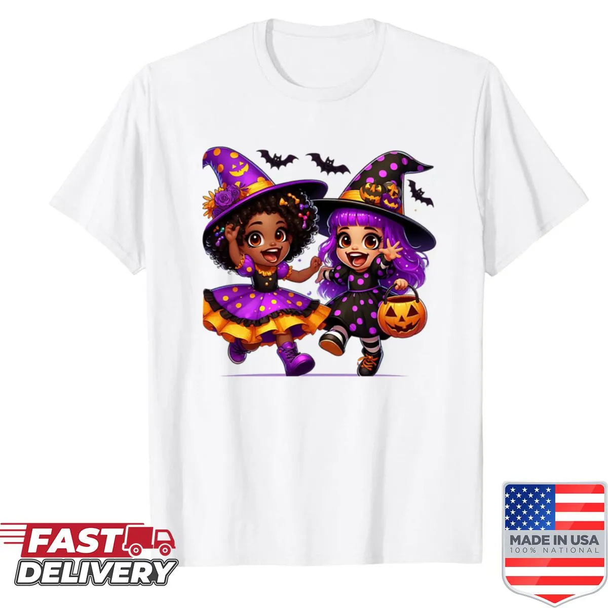 Cartoon witches celebrating Halloween on a shirt