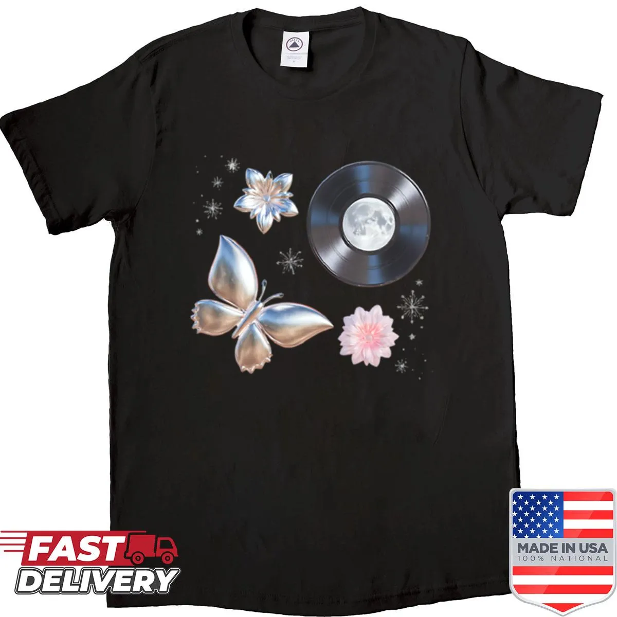 Y2K-inspired shirt with a neon butterfly and collage design