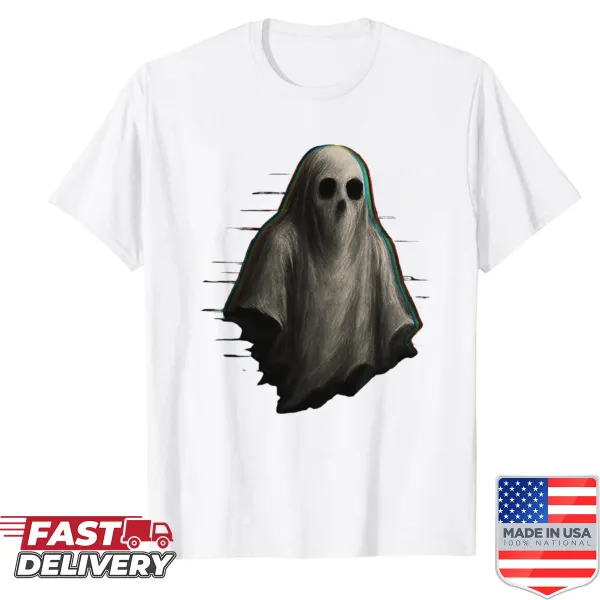Spooky shirt featuring a ghost in glitch distortion