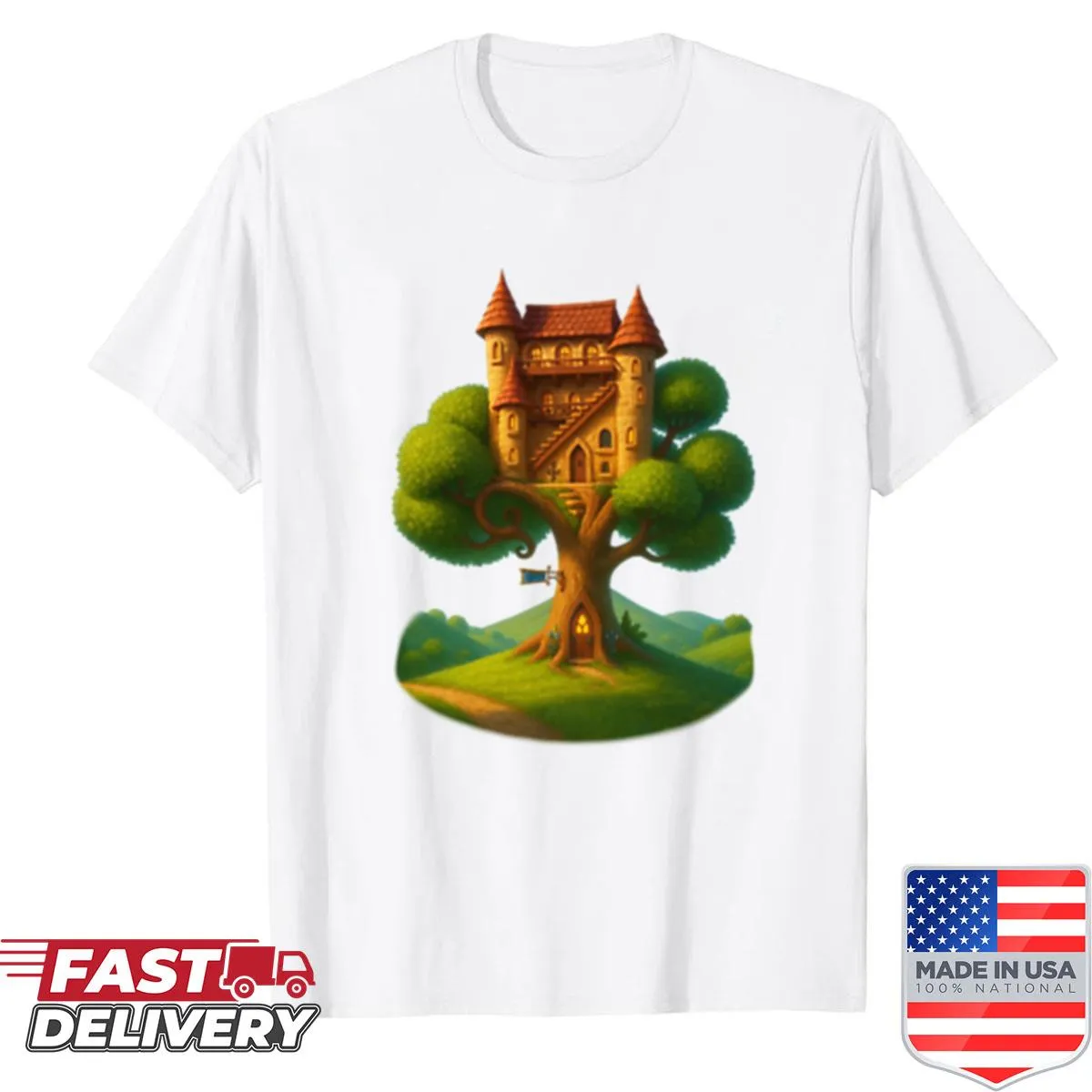 Fantasy art shirt featuring an enchanted tree castle