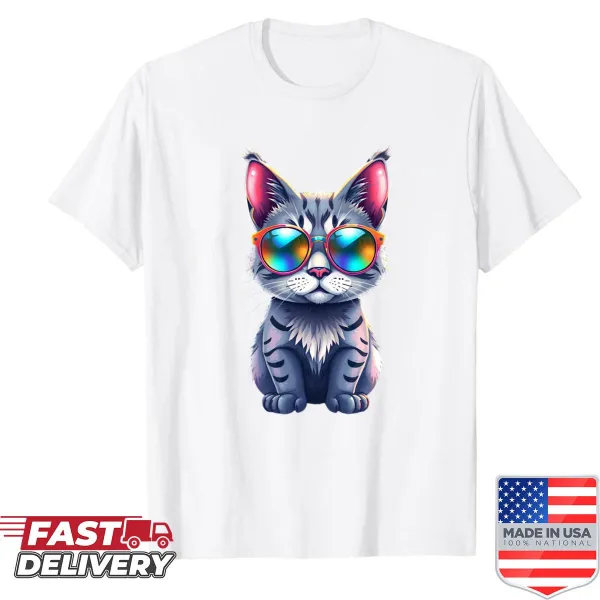 Ethereal disco cat shirt featuring neon lighting design