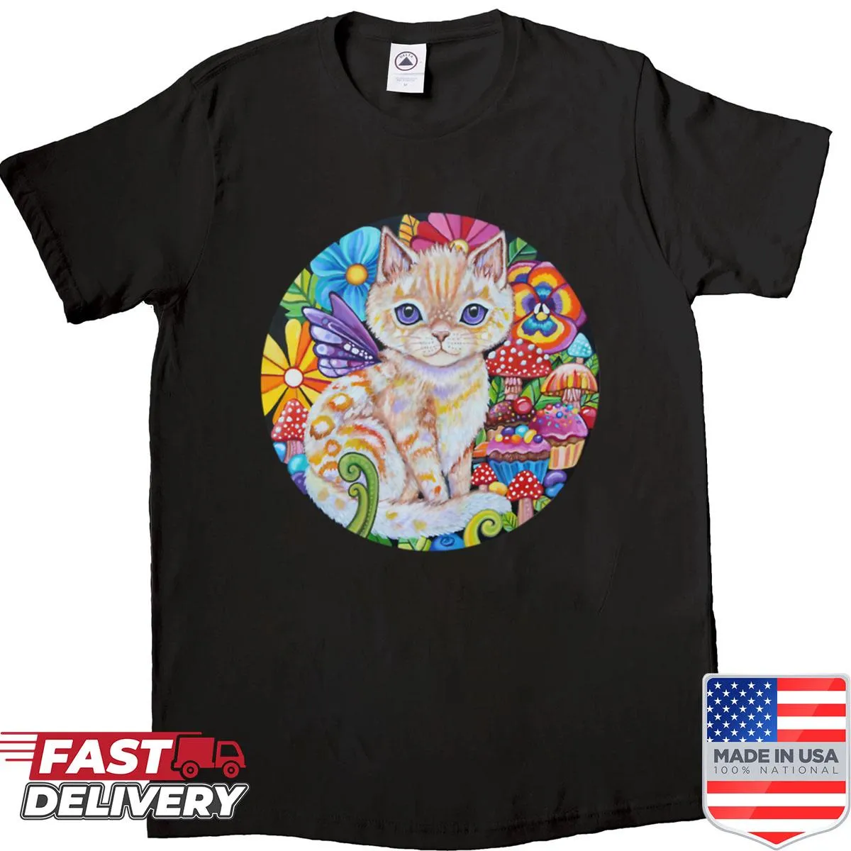 T-shirt featuring illustrated fairy cakes in a whimsical style