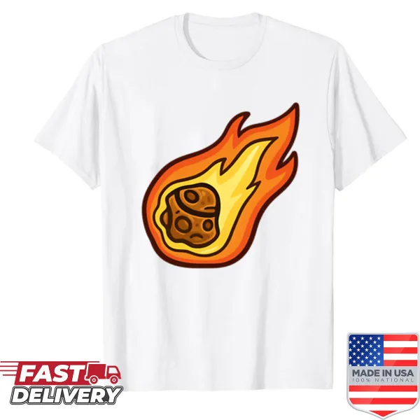 Cartoon flaming meteor graphic on a shirt