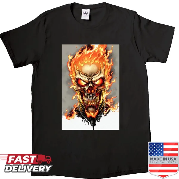 Cartoon T-shirt featuring a flaming skull design