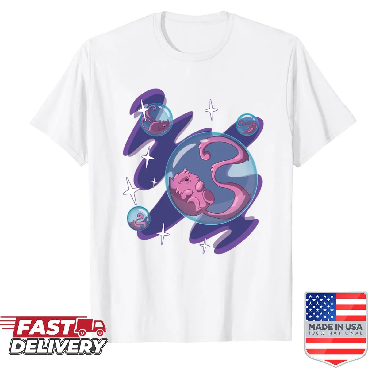 Cute shirt featuring cats floating in bubbles in space