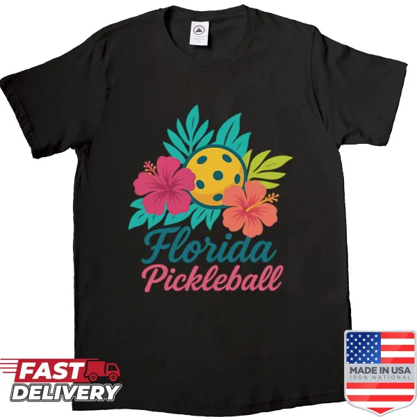 Tropical hibiscus design on a pickleball-themed shirt