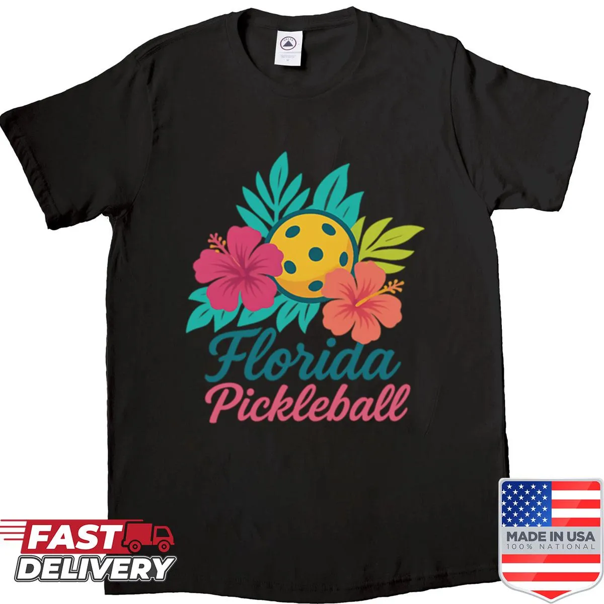 Tropical hibiscus design on a pickleball-themed shirt