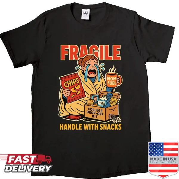 Shirt that reads 'Handle With Snacks' in playful typography for moms.