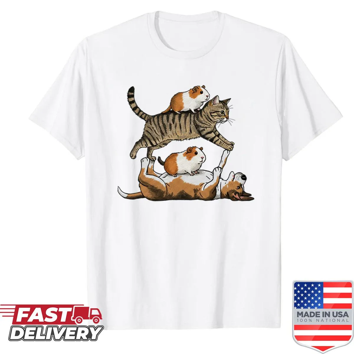 Shirt depicting cats and dogs stacked in a yoga pose