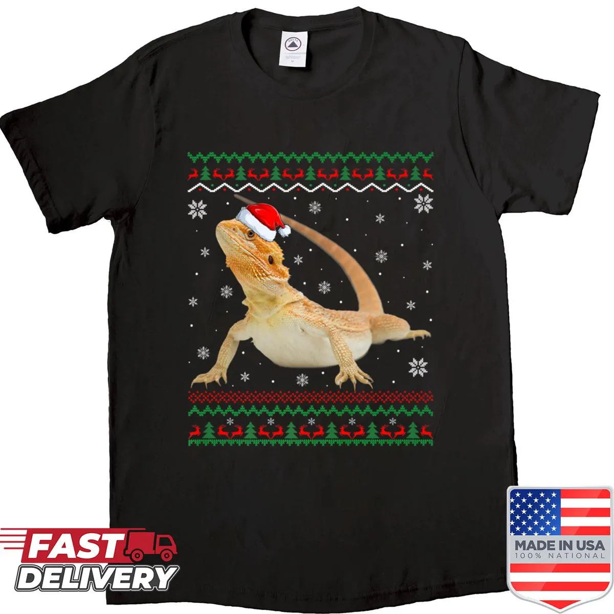 Ugly Christmas shirt featuring a bearded dragon in a festive setting