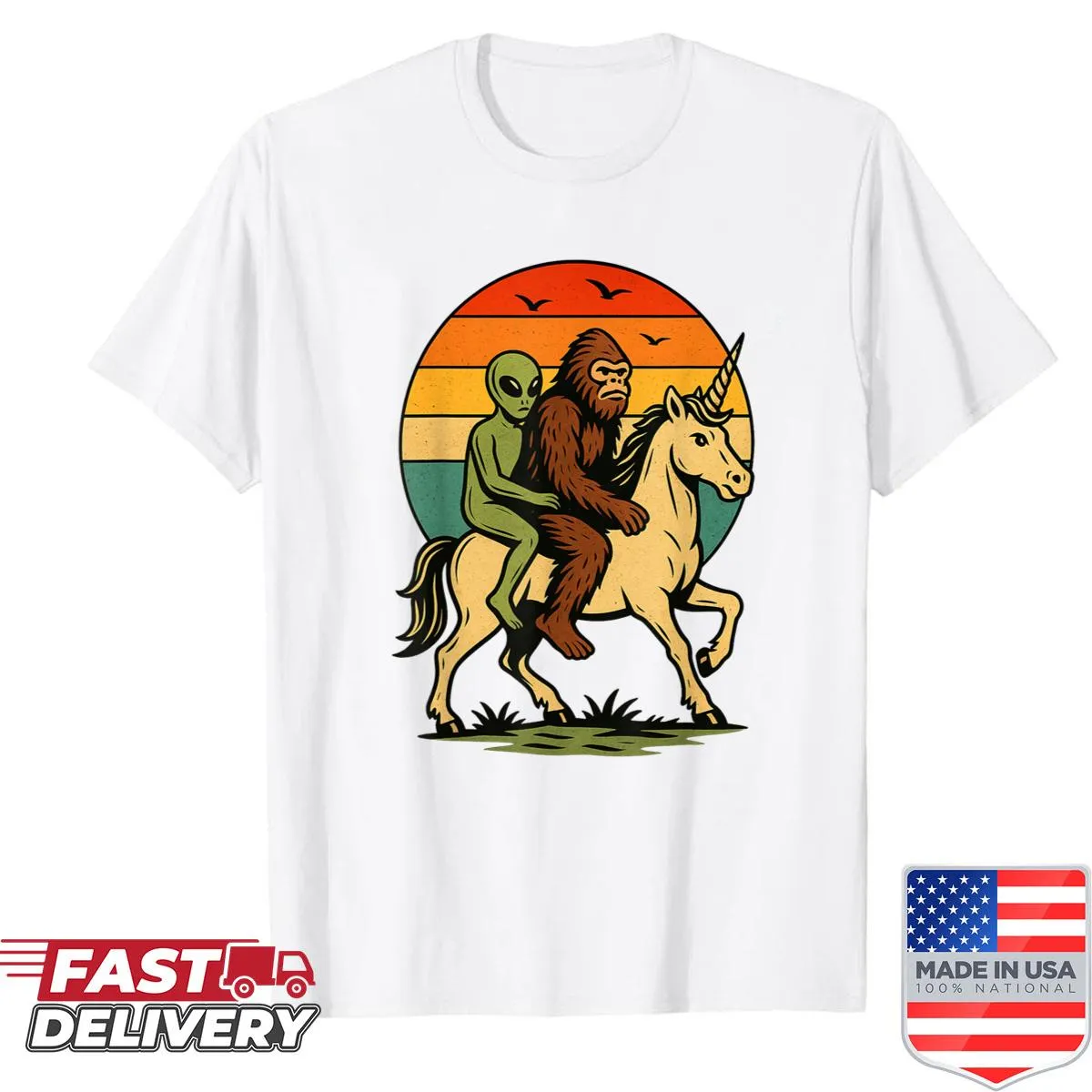 Bigfoot and alien riding a unicorn in a fun retro design