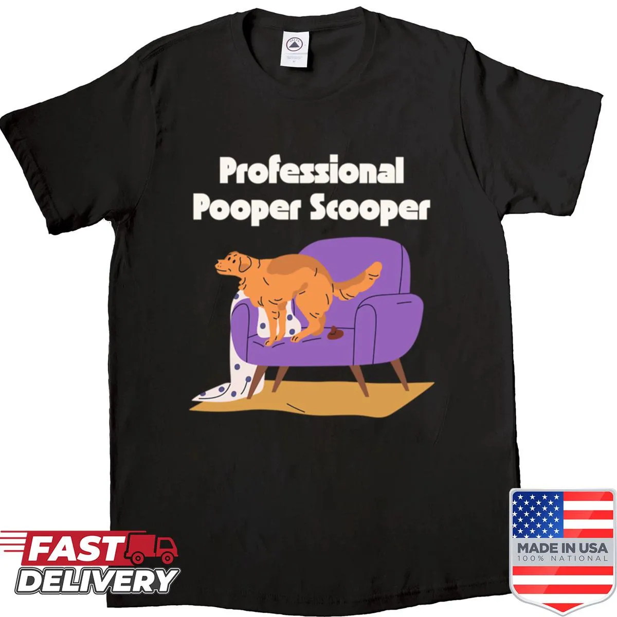 Humorous dog-themed shirt with 'Professional Pooper Scooper' text
