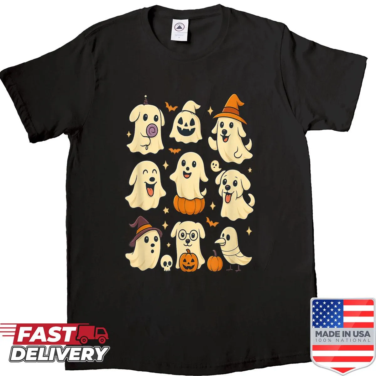 Funny Halloween shirt with cartoon ghost dogs