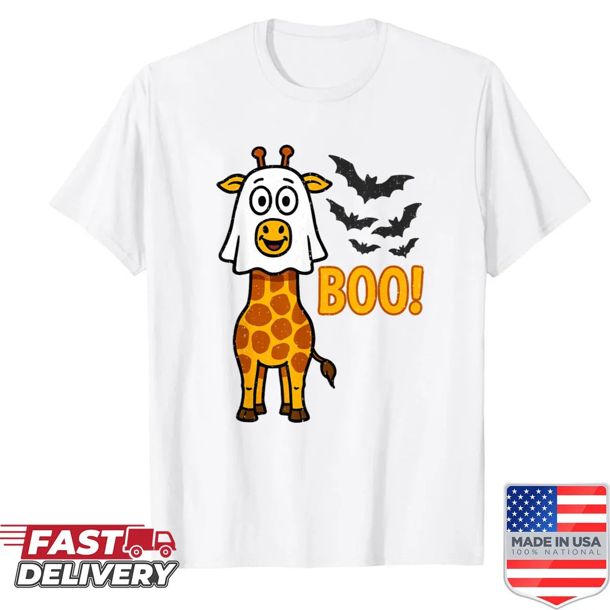 Cartoon giraffe in a ghost costume for Halloween.