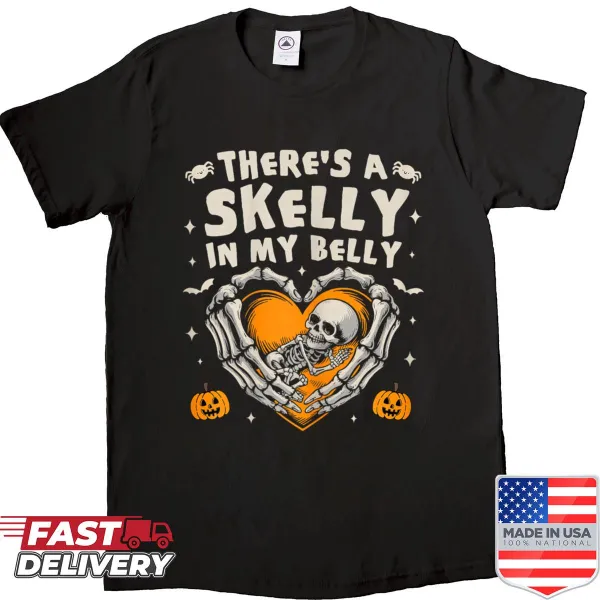Funny pregnant Halloween T-shirt with skeleton design