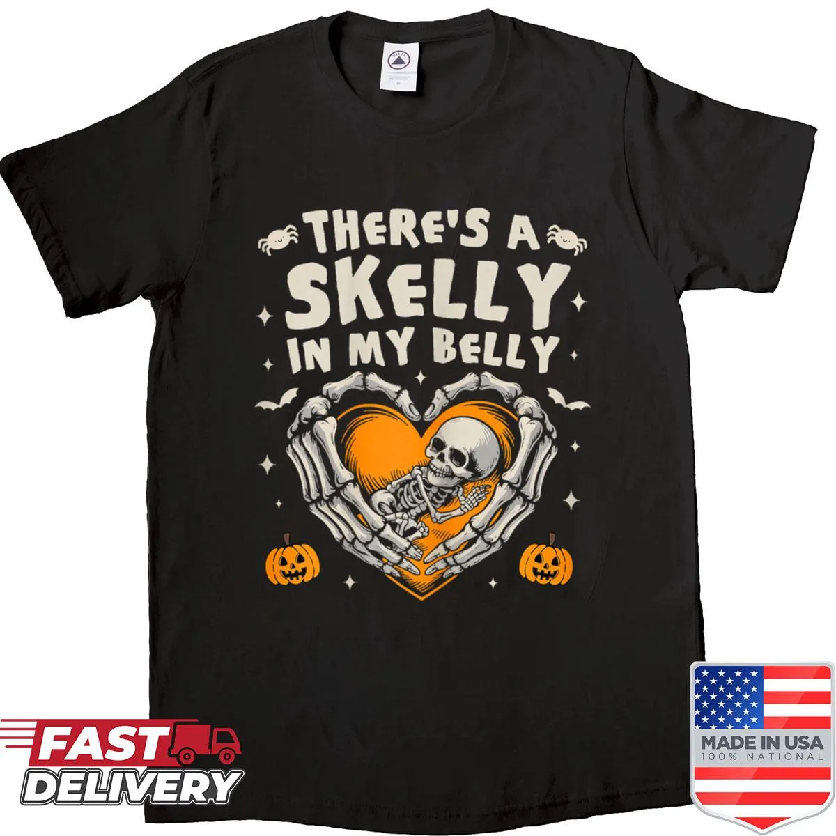 Funny pregnant Halloween T-shirt with skeleton design
