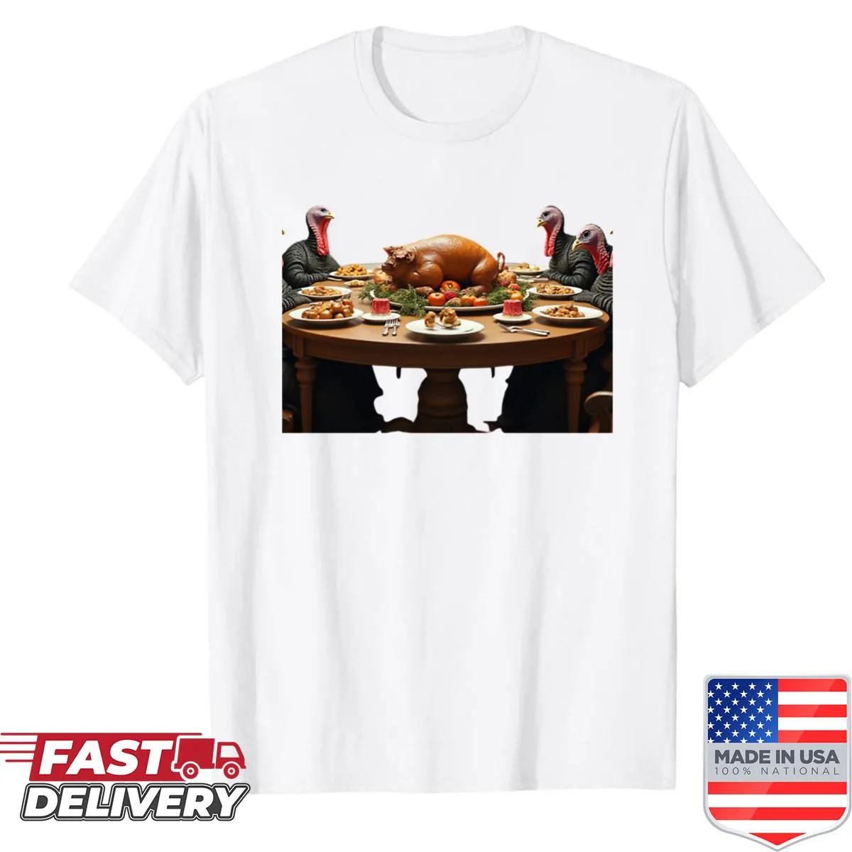 Cartoon design of turkeys at dinner table for Thanksgiving