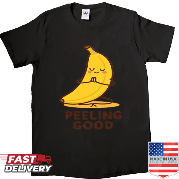 Cute cartoon banana in a yoga pose on a shirt.