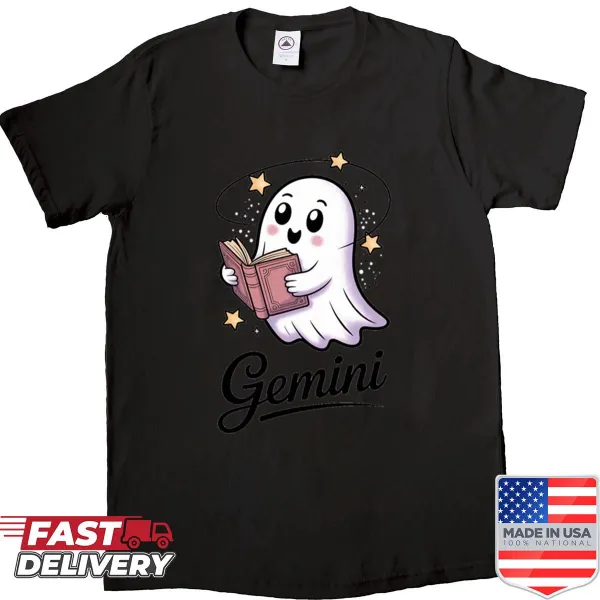 Whimsical Gemini ghost design representing duality on a t-shirt