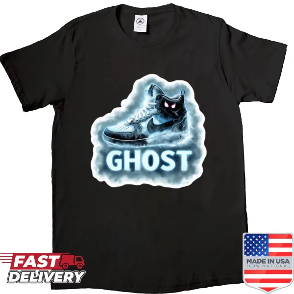 Streetwear shirt featuring a ghost sneaker sticker graphic.