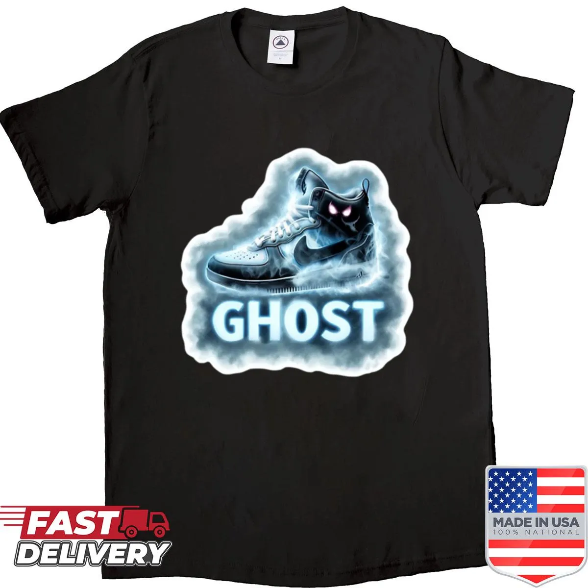 Streetwear shirt featuring a ghost sneaker sticker graphic.