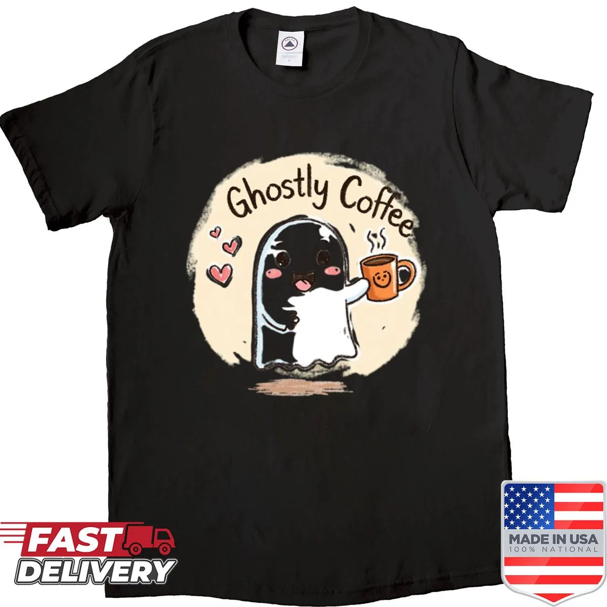 Illustration of a ghost holding a cup of coffee
