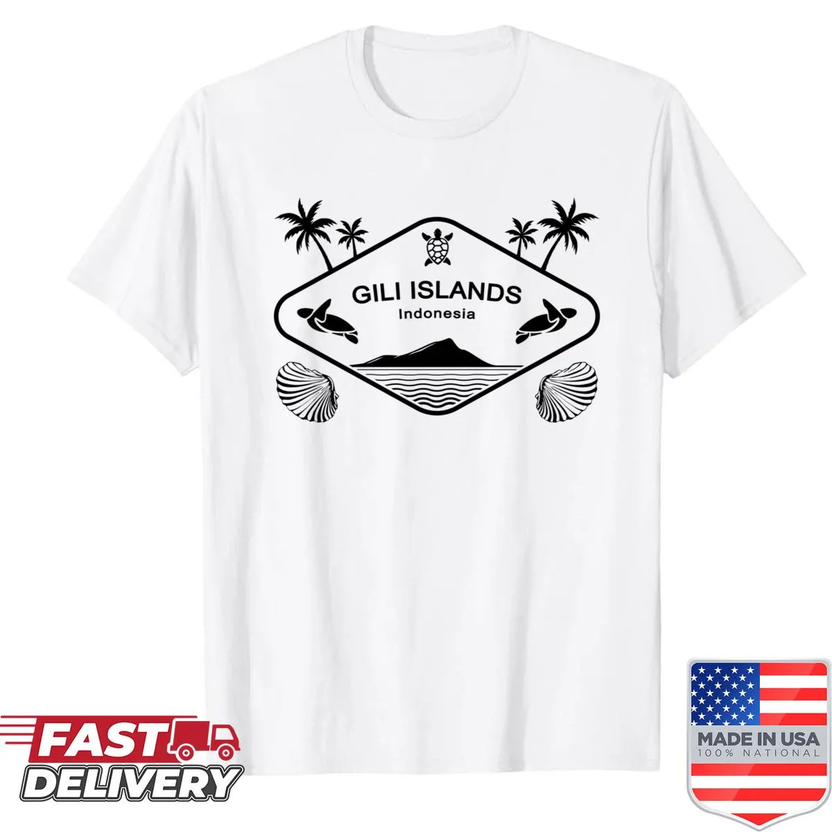 Illustration of sea turtles and palms on a Bali-themed T-shirt