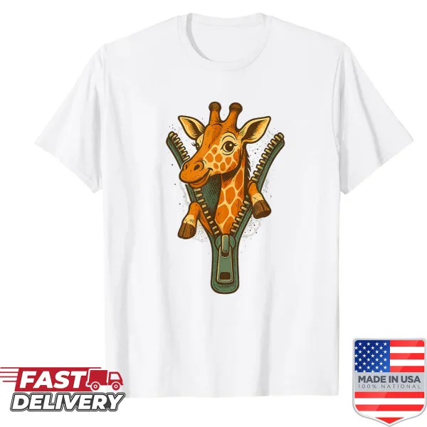 Cartoon shirt with a giraffe humorously emerging from a zipper