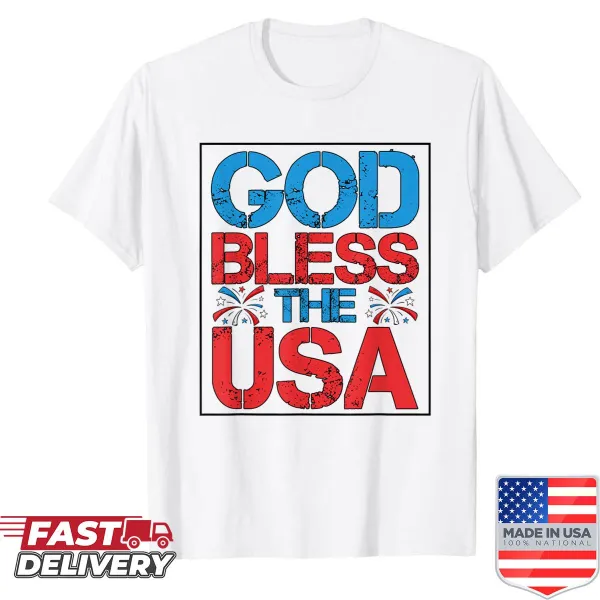 Patriotic shirt with American flag and fireworks design