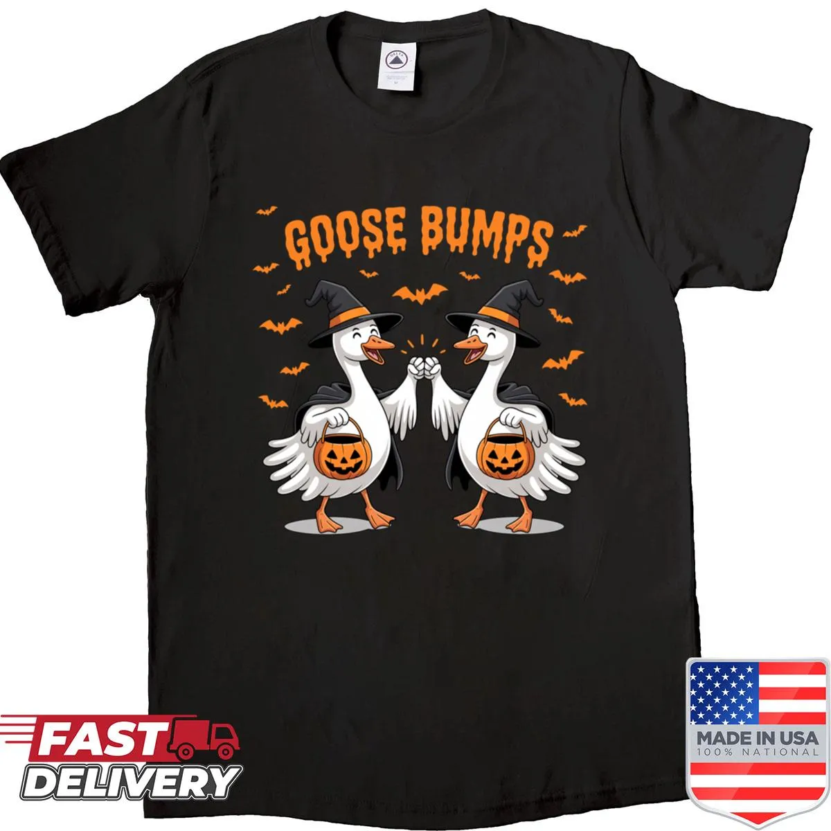 Cartoon goose ghost and pumpkins Halloween shirt with fist bump design.