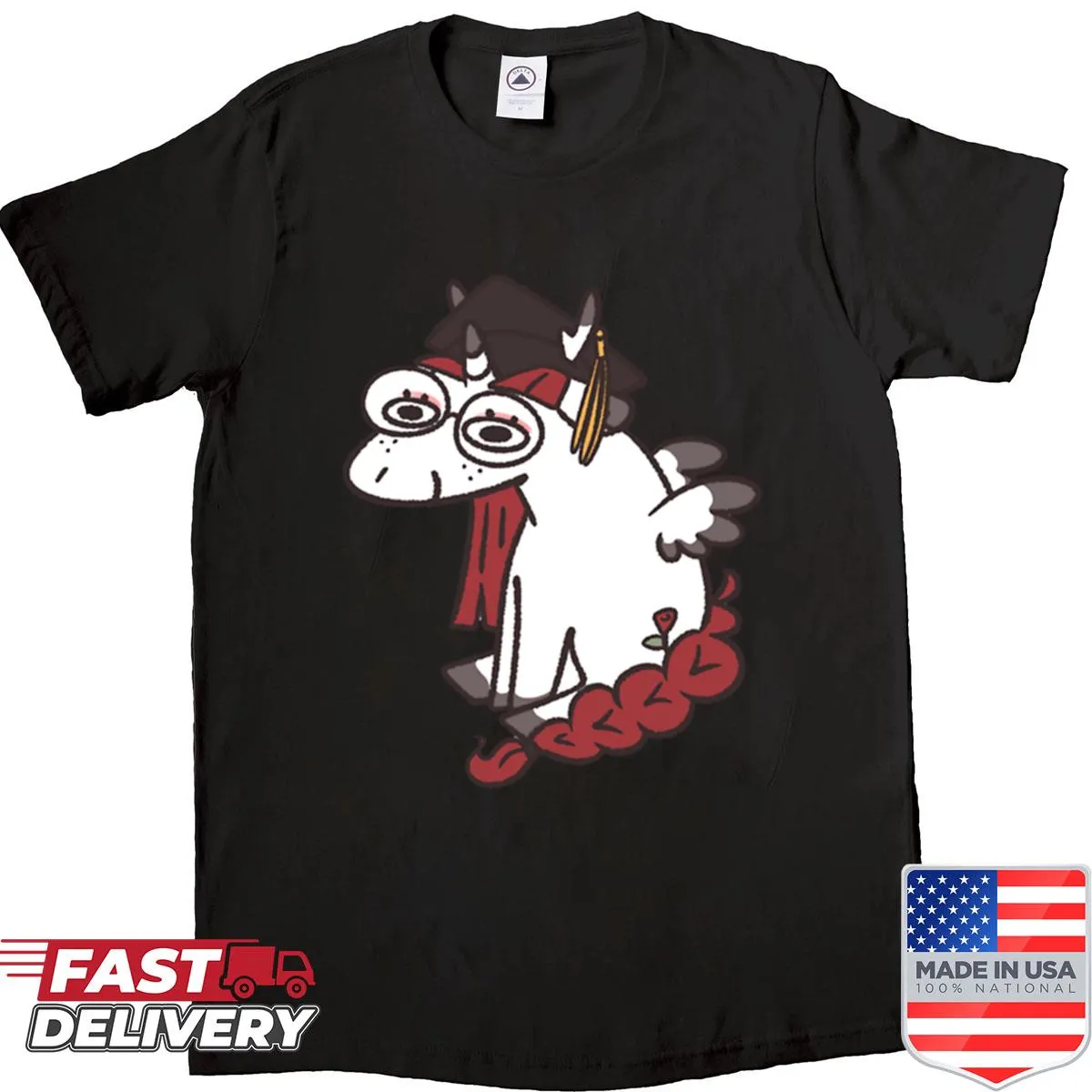 Whimsical graduation pony design shirt for kids celebrating achievement.