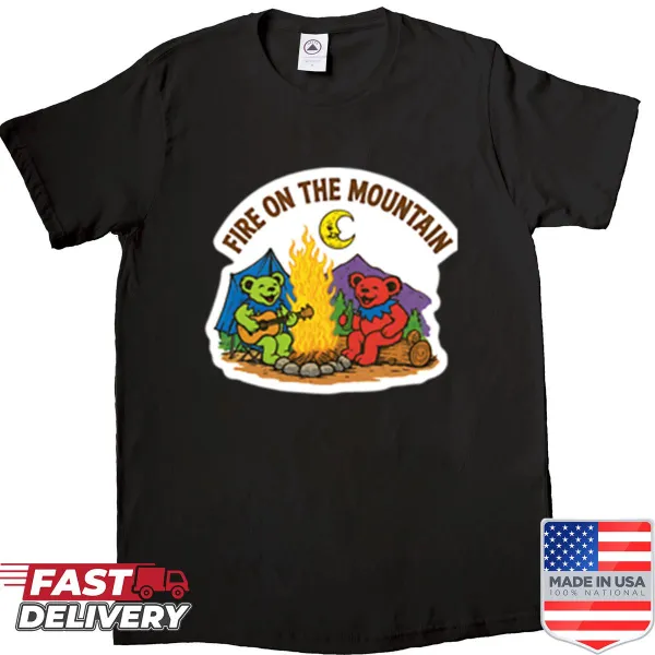 Grateful Dead-themed shirt with fire and mountain design.