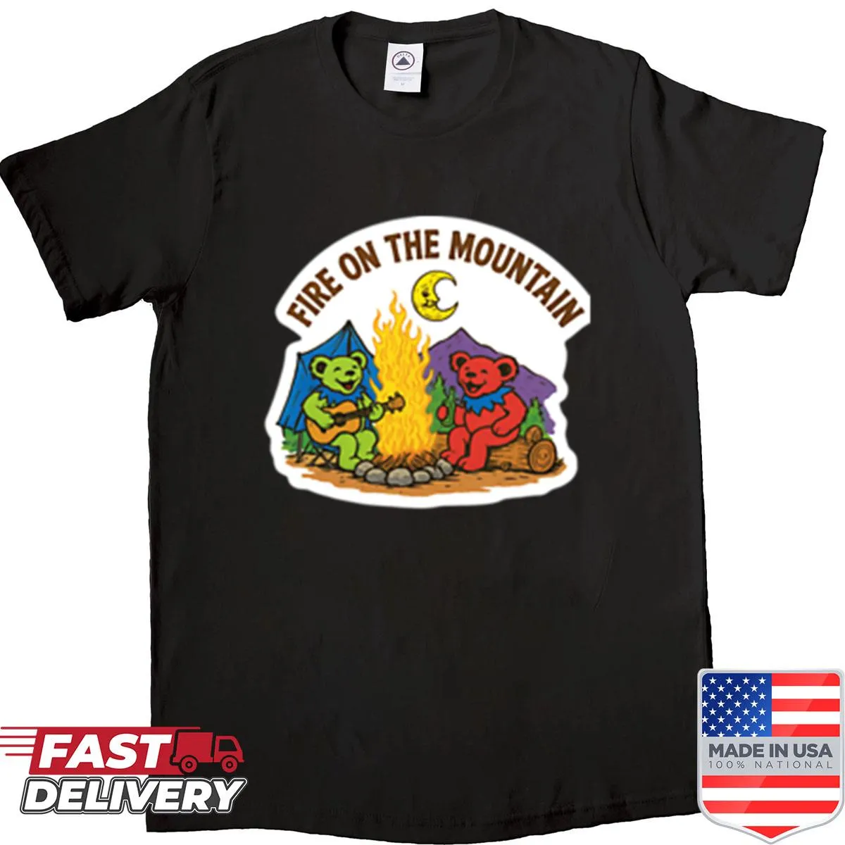 Grateful Dead-themed shirt with fire and mountain design.