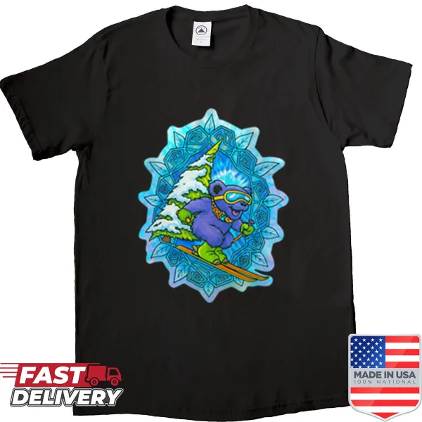 Vintage skiing graphic with Grateful Dead theme on a casual shirt.