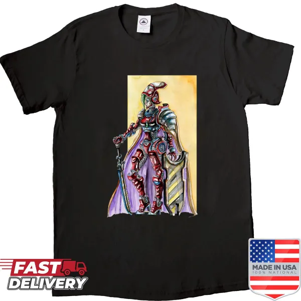 Futuristic graphic of the Guardian of the Solar Techno-empire on a t-shirt