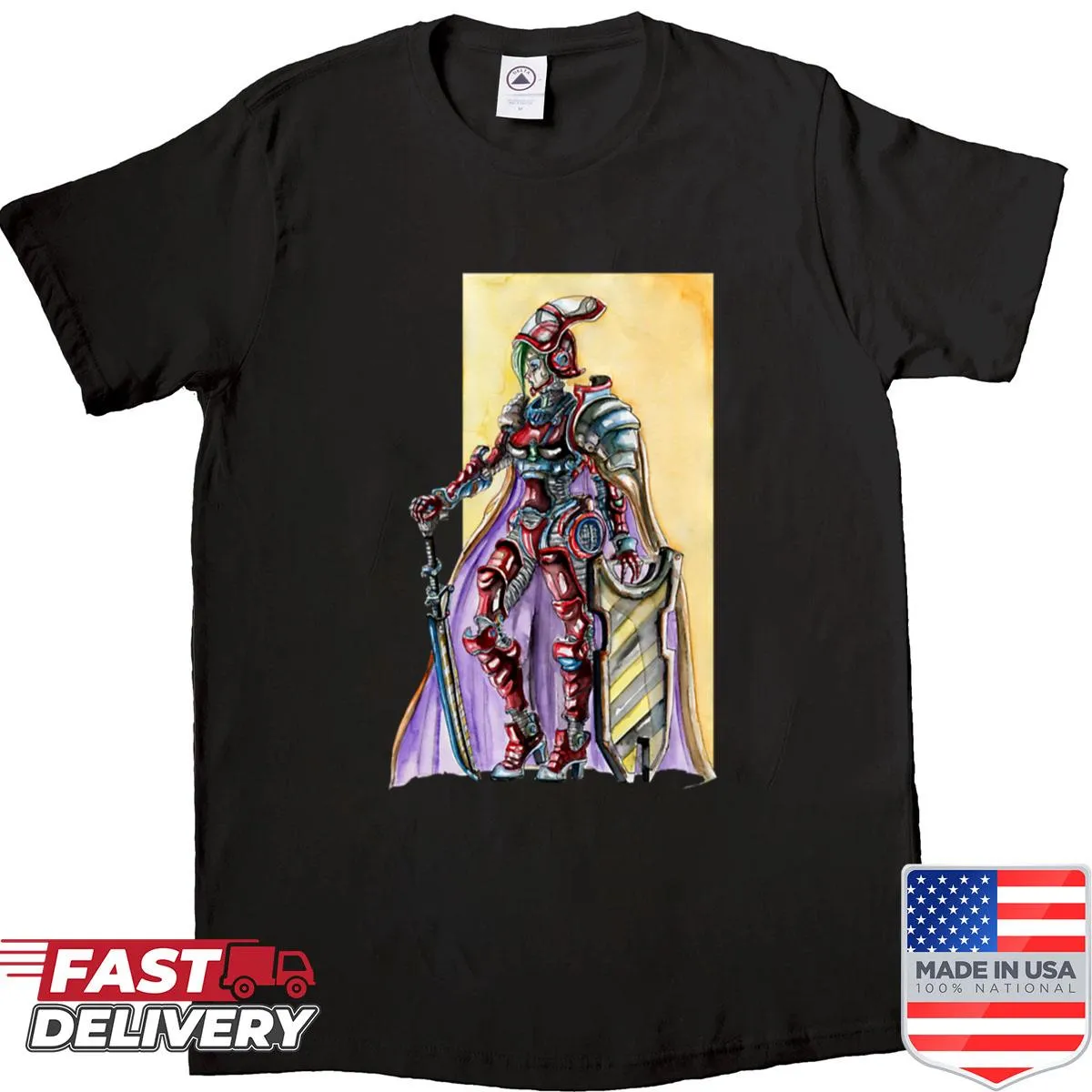 Futuristic graphic of the Guardian of the Solar Techno-empire on a t-shirt