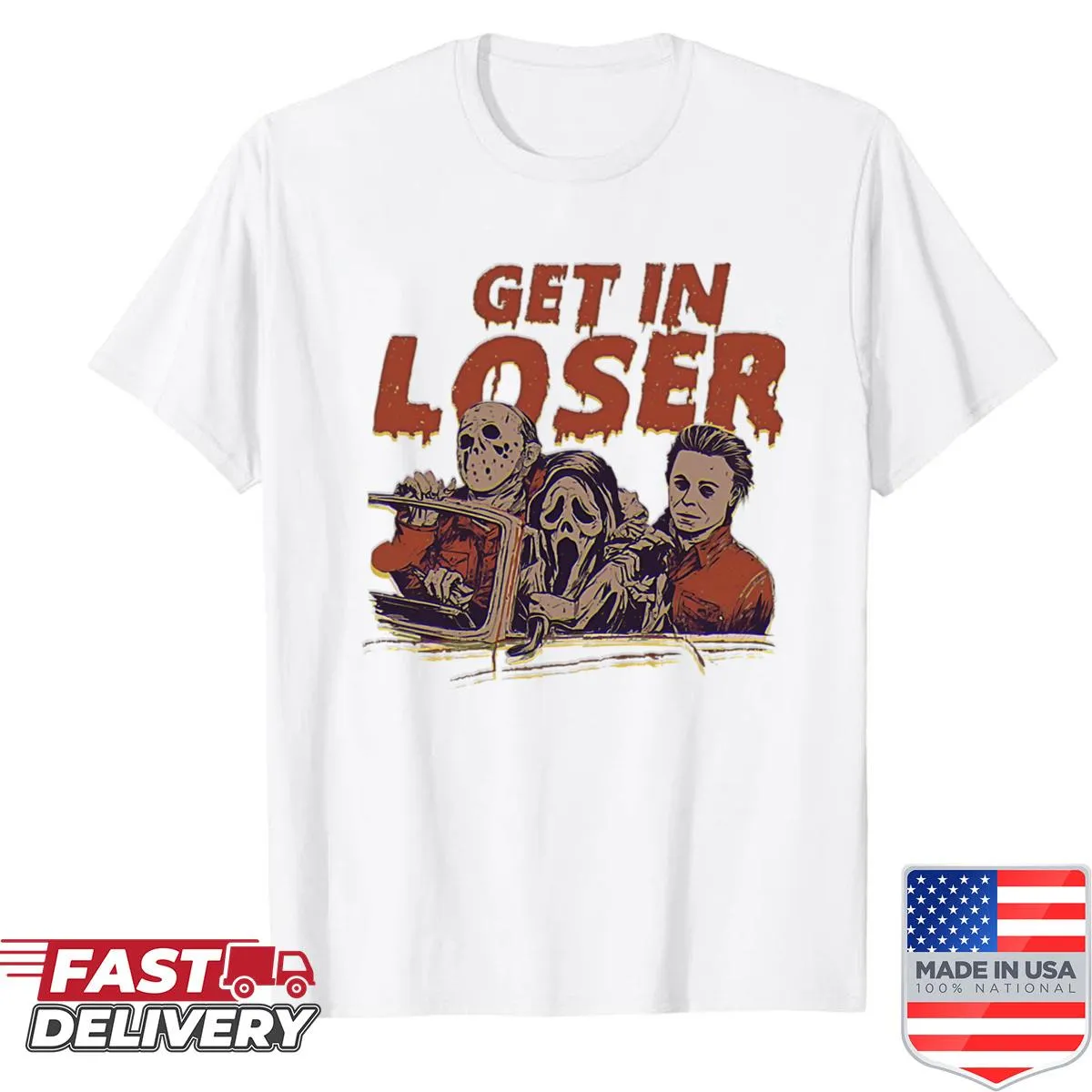Edgy Halloween shirt with 'Get In Loser, We’re Going Slashing' text.