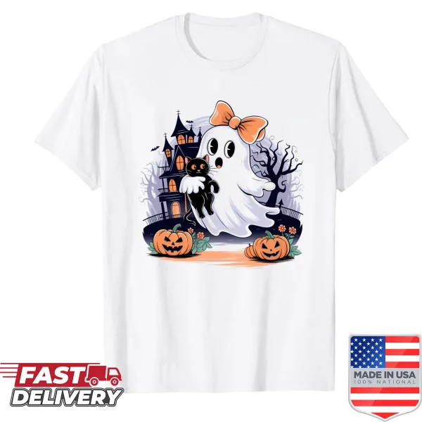 Halloween graphic of a ghost holding a black cat