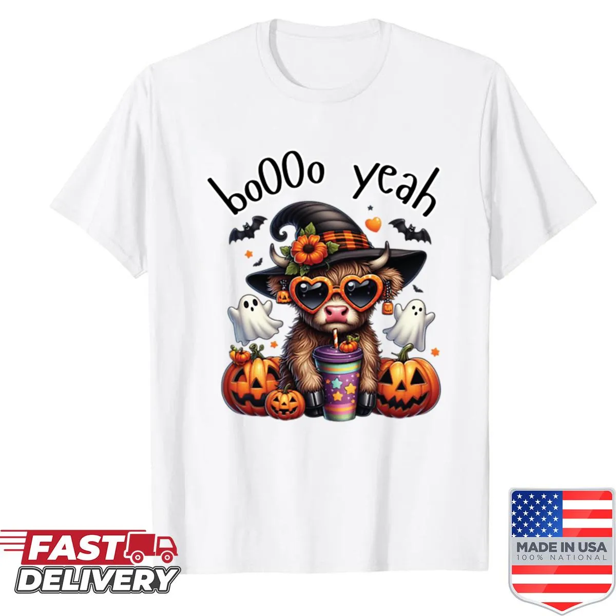 Cute Halloween highland cow witch with pumpkins and ghosts