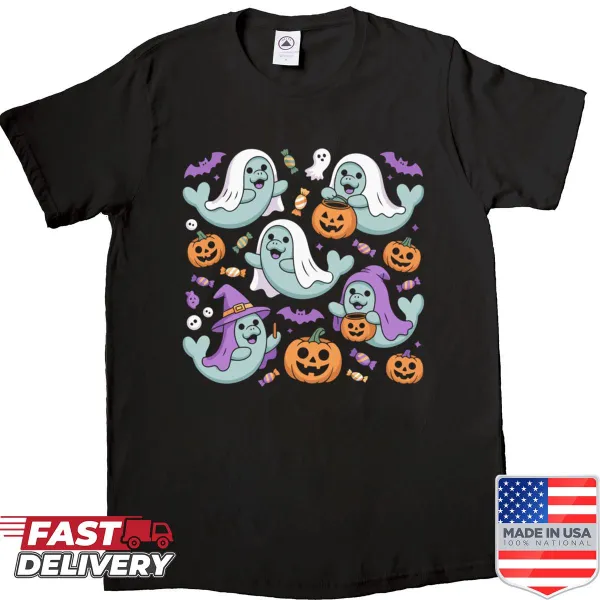 Cartoon manatee ghost with pumpkin and witch hat for kids' Halloween shirt