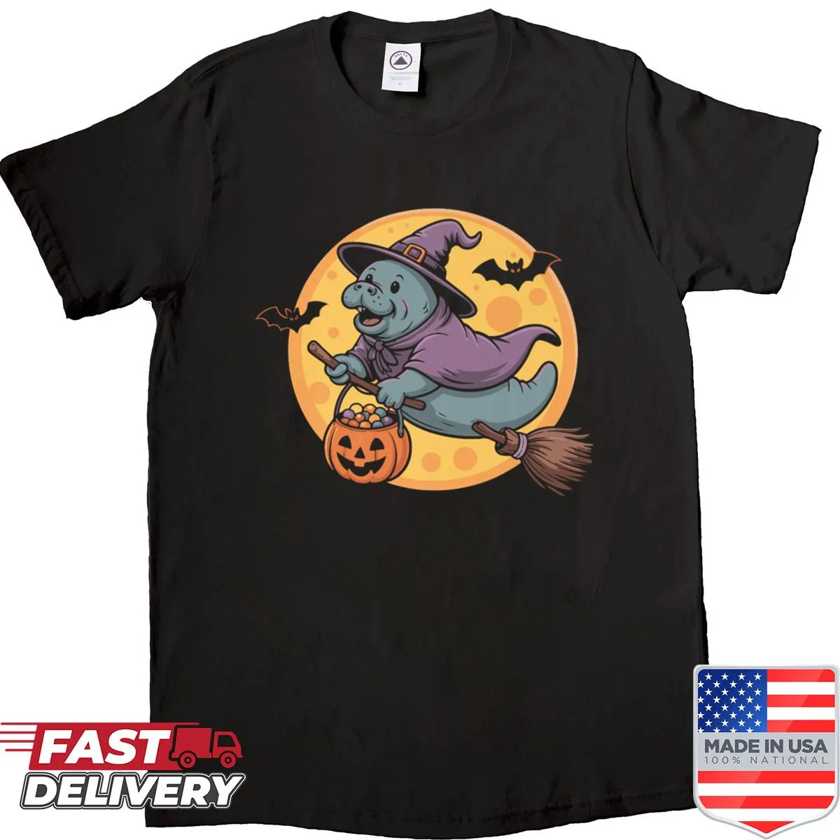 Cute Halloween shirt with a manatee in a witch hat and pumpkins