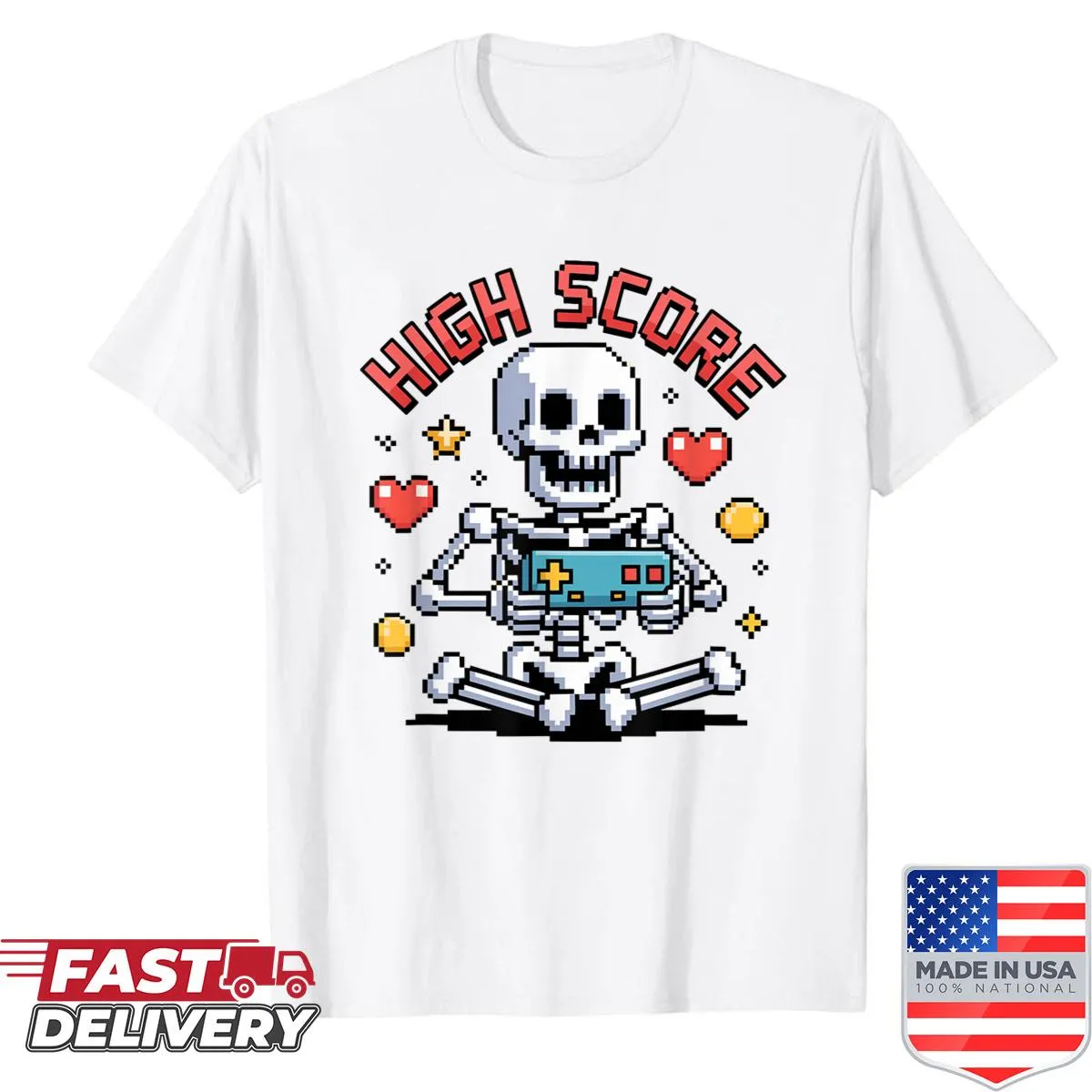 Cartoon skeleton gamer design in pixel art style for kids