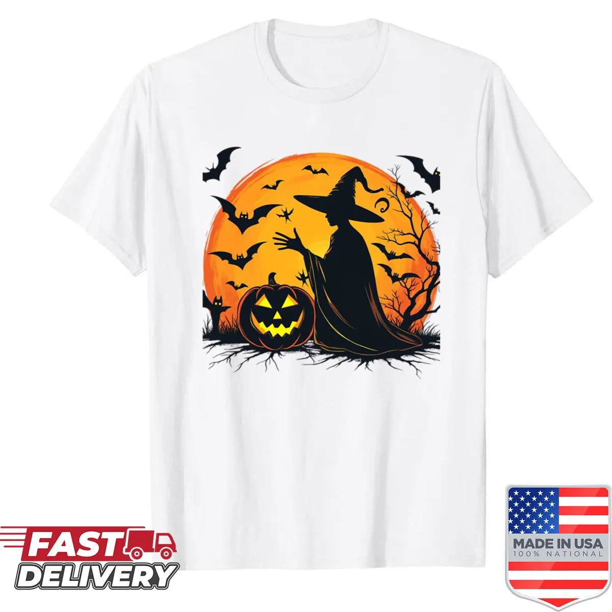 Cute Halloween shirt with witch and jack-o-lantern design