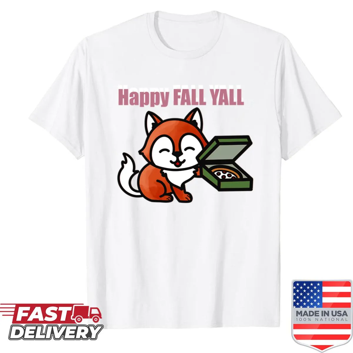 Cute fox with pizza illustration on a fall-themed T-shirt