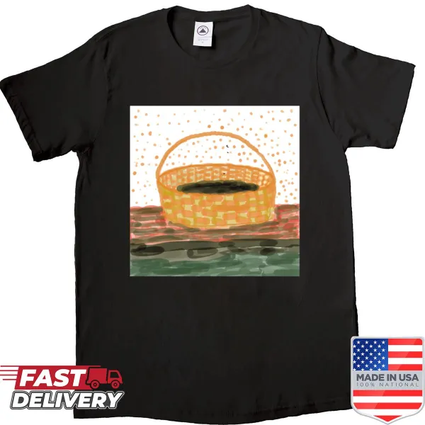 Shirt with an illustrated harvest basket full of fruits and vegetables