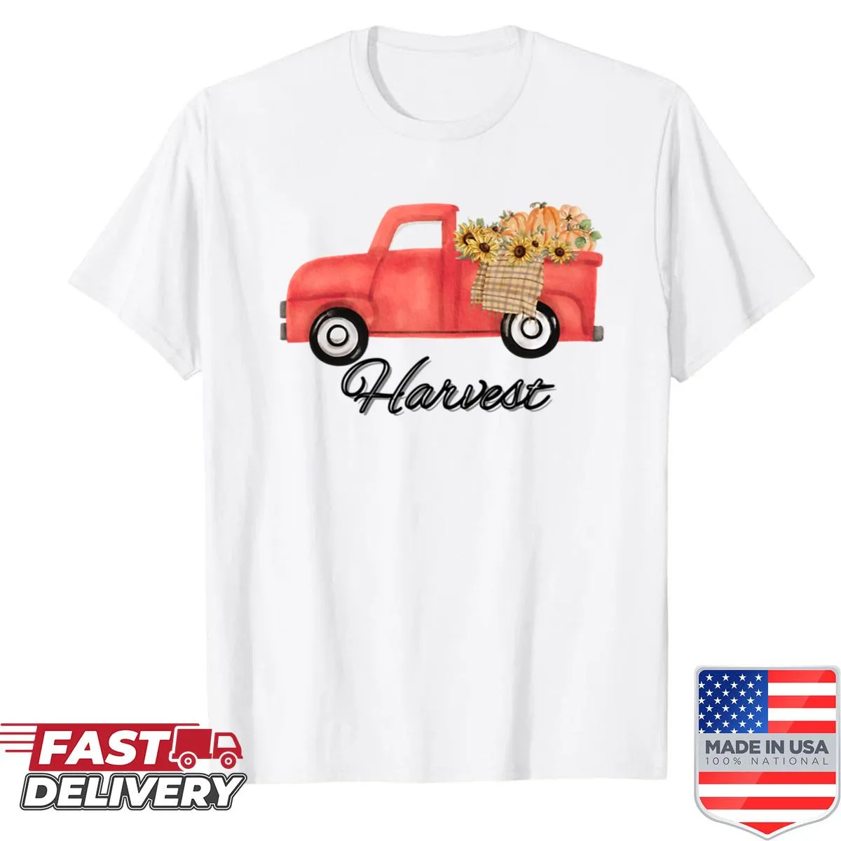 Vintage pumpkin sunflower shirt with a red truck illustration