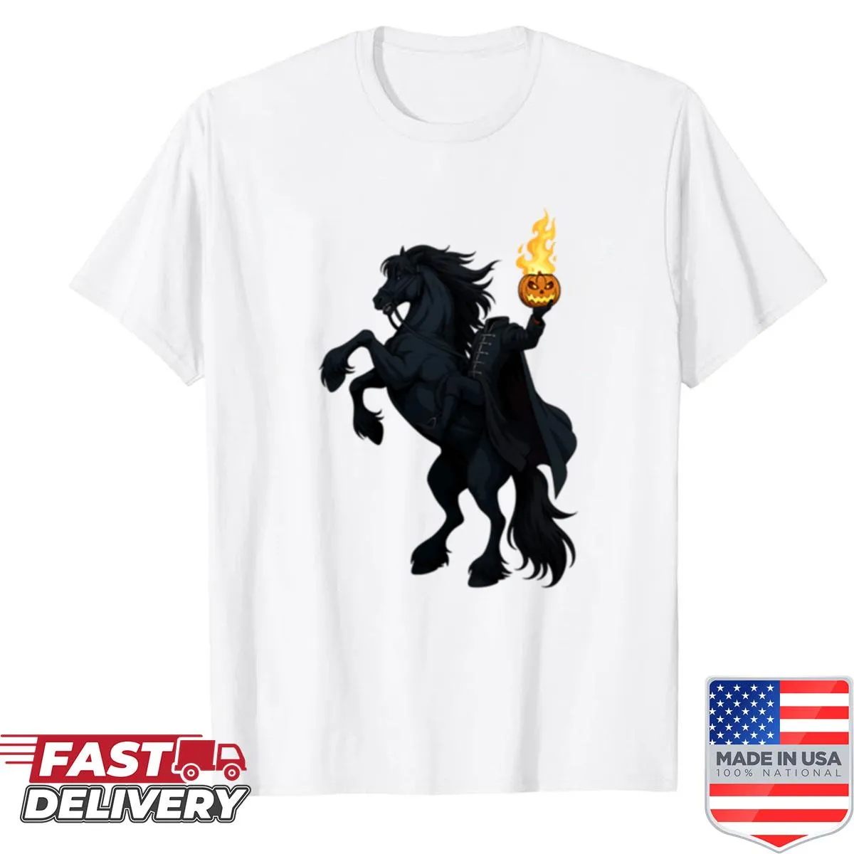 Headless Horseman with a flaming pumpkin graphic on a t-shirt